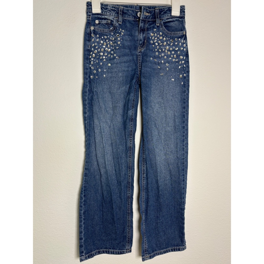 Thereabouts Girls High Rise Extra Wide Leg Rhinestone Jeans Blue Denim Size 10‎